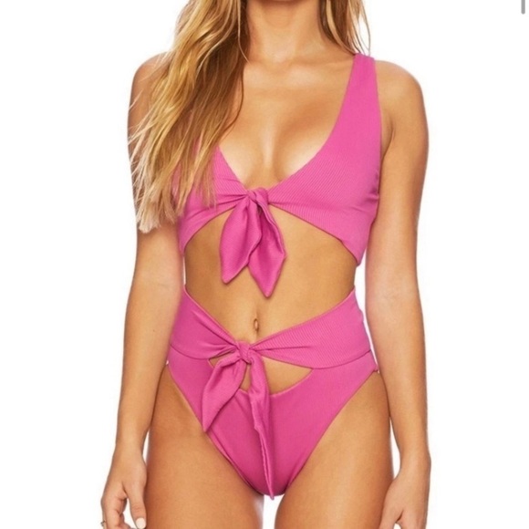 New! Beach Riot Emma cutout bow front bikini bottom pink rib 14385 - Picture 11 of 12